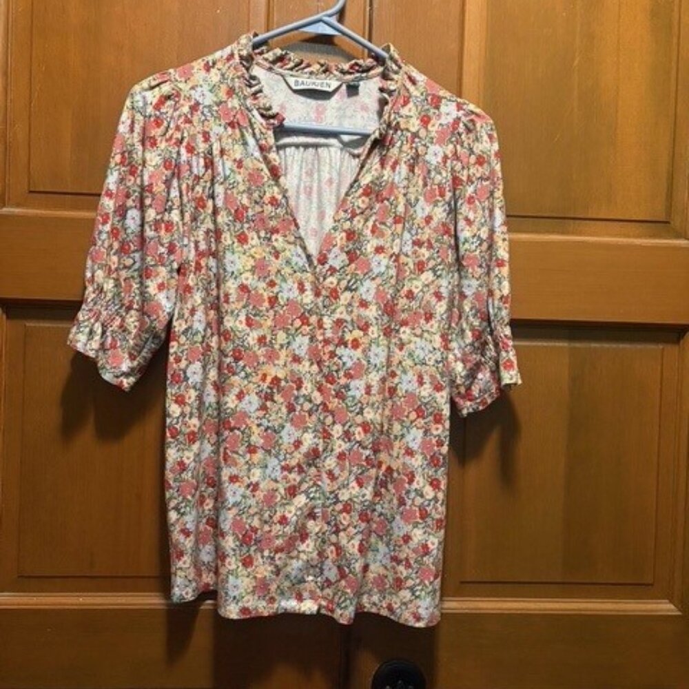 BAUKJEN floral top multi-color button up  short sleeves gathered collar Sz - UK8